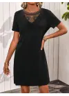 Kadın Kısa Kollu Dantel Yakalı Kısa Viskon Elbise