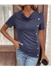 Kadın Kısa Kollu Degaje Yaka Düğme Detay Viskon Bluz