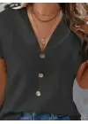 Kadın Kısa Kollu Derin V Yakalı Düğmeli Ithal Keten Bluz