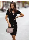 Kadın Kısa Kollu Düğmeli Cep Detay V Yaka Triko Elbise