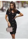 Kadın Kısa Kollu Düğmeli Cep Detay V Yaka Triko Elbise