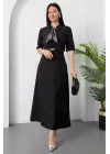 Kadın Kısa Kollu Fular Ve Kemer Detay önden Yırtmaçlı Maxi Boy Elbise