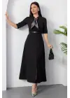 Kadın Kısa Kollu Fular Ve Kemer Detay önden Yırtmaçlı Maxi Boy Elbise