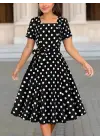Kadın Kısa Kollu Geometrik Yaka Puantiyeli Kiloş Midi Süprem Elbise