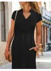 Kadın Kısa Kollu Hakim V Yaka Viskon Elbise