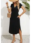 Kadın Kısa Kollu Hakim V Yaka Viskon Elbise