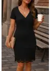 Kadın Kısa Kollu Kalp Yakalı Dantelli Dalgıç Elbise