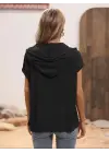 Kadın Kısa Kollu Kapşonlu Bağcıklı Viskon Bluz