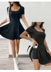 Kadın Kısa Kollu Kare Yaka Short Detaylı Cepli Dalgıç Elbise