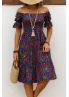 Kadın Kısa Kollu Kare Yakalı Beli Lastikli çiçek Desenli Mini Süprem Elbise