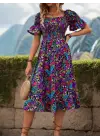 Kadın Kısa Kollu Kare Yakalı Beli Lastikli çiçek Desenli Mini Süprem Elbise