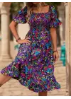 Kadın Kısa Kollu Kare Yakalı Beli Lastikli çiçek Desenli Mini Süprem Elbise