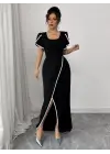 Kadın Kısa Kollu Kare Yakalı önden çapraz Kesim Detaylı Krep Elbise