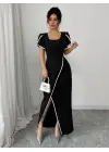 Kadın Kısa Kollu Kare Yakalı önden çapraz Kesim Detaylı Krep Elbise