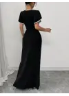 Kadın Kısa Kollu Kare Yakalı önden çapraz Kesim Detaylı Krep Elbise