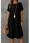 Kadın Kısa Kollu Kayık Yaka Bürümcük Elbise