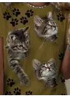 Kadın Kısa Kollu Kedi Ve Pati Baskılı Süprem T-shirt