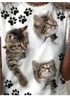 Kadın Kısa Kollu Kedi Ve Pati Baskılı Süprem T-shirt