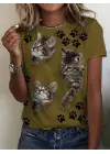 Kadın Kısa Kollu Kedi Ve Pati Baskılı Süprem T-shirt