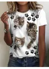 Kadın Kısa Kollu Kedi Ve Pati Baskılı Süprem T-shirt