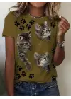 Kadın Kısa Kollu Kedi Ve Pati Baskılı Süprem T-shirt
