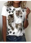 Kadın Kısa Kollu Kedi Ve Pati Baskılı Süprem T-shirt