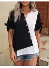 Kadın Kısa Kollu Kollardan Bağlamalı önden Asimetrik Kesim çift Renk Detaylı Düğmeli Ithal Krep Bluz