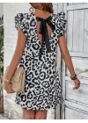 Kadın Leopar Desen Fırfır Detay Mini Elbise