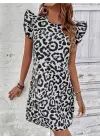 Kadın Kısa Kollu Kolları Fırfır Detay Arkası Bağlamalı Leopar Desen Kolsuz Mini Mikro Elbise
