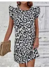 Kadın Leopar Desen Fırfır Detay Mini Elbise