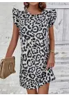 Kadın Kısa Kollu Kolları Fırfır Detay Arkası Bağlamalı Leopar Desen Kolsuz Mini Mikro Elbise