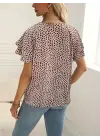 Kadın Kısa Kollu Kolları Volanlı Baskılı Süprem Bluz