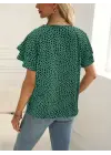Kadın Kısa Kollu Kolları Volanlı Baskılı Süprem Bluz