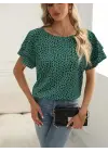Kadın Kısa Kollu Kolları Volanlı Baskılı Süprem Bluz