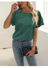 Kadın Kısa Kollu Kolları Volanlı Baskılı Süprem Bluz