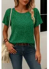 Kadın Kısa Kollu Kolları Volanlı Baskılı Süprem Bluz