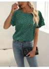 Kadın Kısa Kollu Kolları Volanlı Baskılı Süprem Bluz