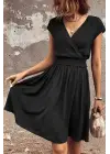 Kadın Kısa Kollu Kruvaze Yaka Beli Gipeli Bürümcük Elbise