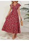 Kadın Kısa Kollu Kruvaze Yaka Beli Lastikli çiçek Desenli Elbise