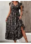 Kadın Kısa Kollu Kruvaze Yaka Beli Lastikli çiçek Desenli Elbise