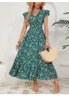Kadın Kısa Kollu Kruvaze Yaka Beli Lastikli çiçek Desenli Elbise