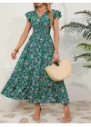 Kadın Kısa Kollu Kruvaze Yaka Beli Lastikli çiçek Desenli Elbise