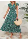 Kadın Kısa Kollu Kruvaze Yaka Beli Lastikli çiçek Desenli Elbise