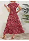 Kadın Kısa Kollu Kruvaze Yaka Beli Lastikli çiçek Desenli Elbise