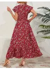 Omarı Çiçek Desenli Kruvaze Yaka Elbise