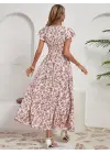 Omarı Çiçek Desenli Kruvaze Yaka Elbise