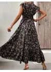 Omarı Çiçek Desenli Kruvaze Yaka Elbise