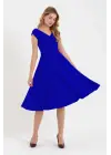 Kadın Kısa Kollu Kruvaze Yaka Eteği Volanlı Krep Elbise