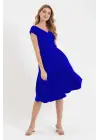 Kadın Kısa Kollu Kruvaze Yaka Eteği Volanlı Krep Elbise