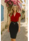 Kadın Kısa Kollu Kruvaze Yaka Krep Elbise (Kemersiz)